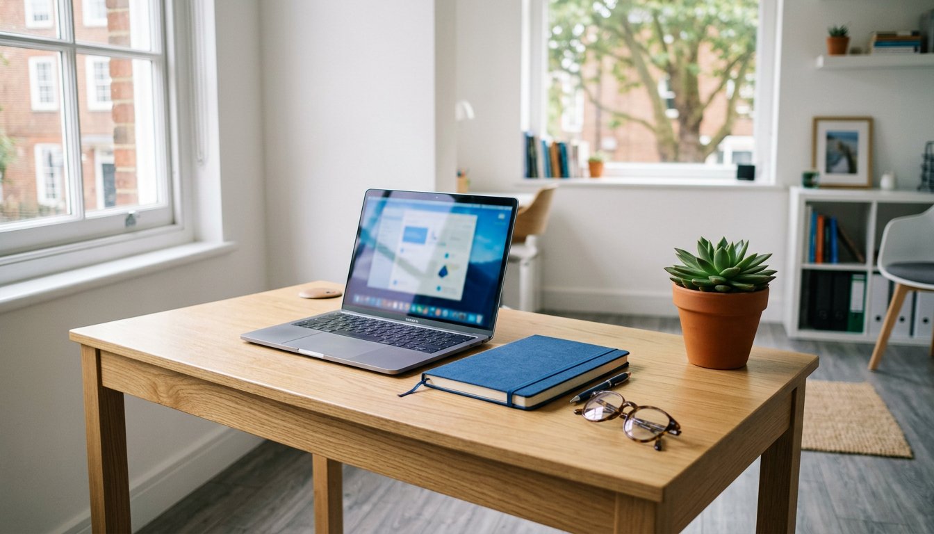 Aufgeräumter Schreibtisch mit Laptop, Notizbuch und Pflanze in einem hellen Büro