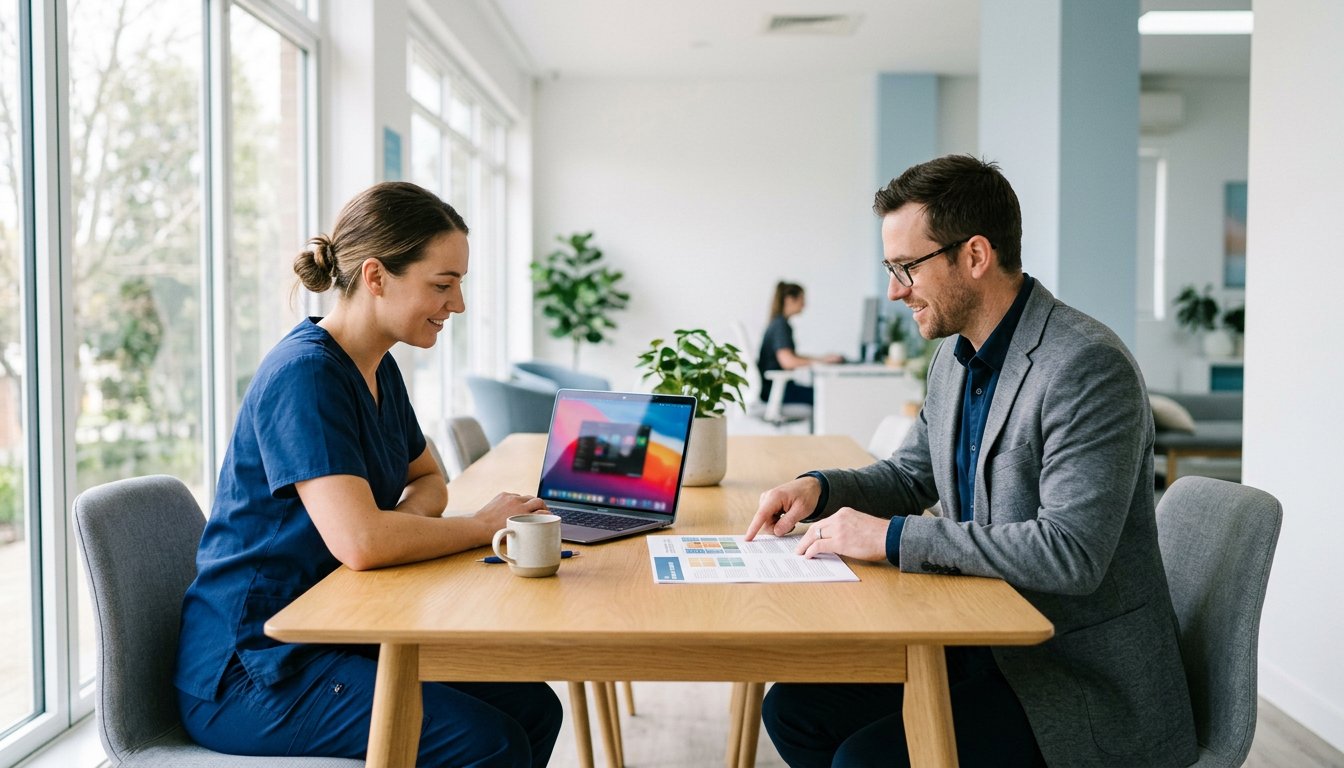 Physiotherapeutin bespricht mit einer Beraterin am Laptop mögliche Weiterbildungen