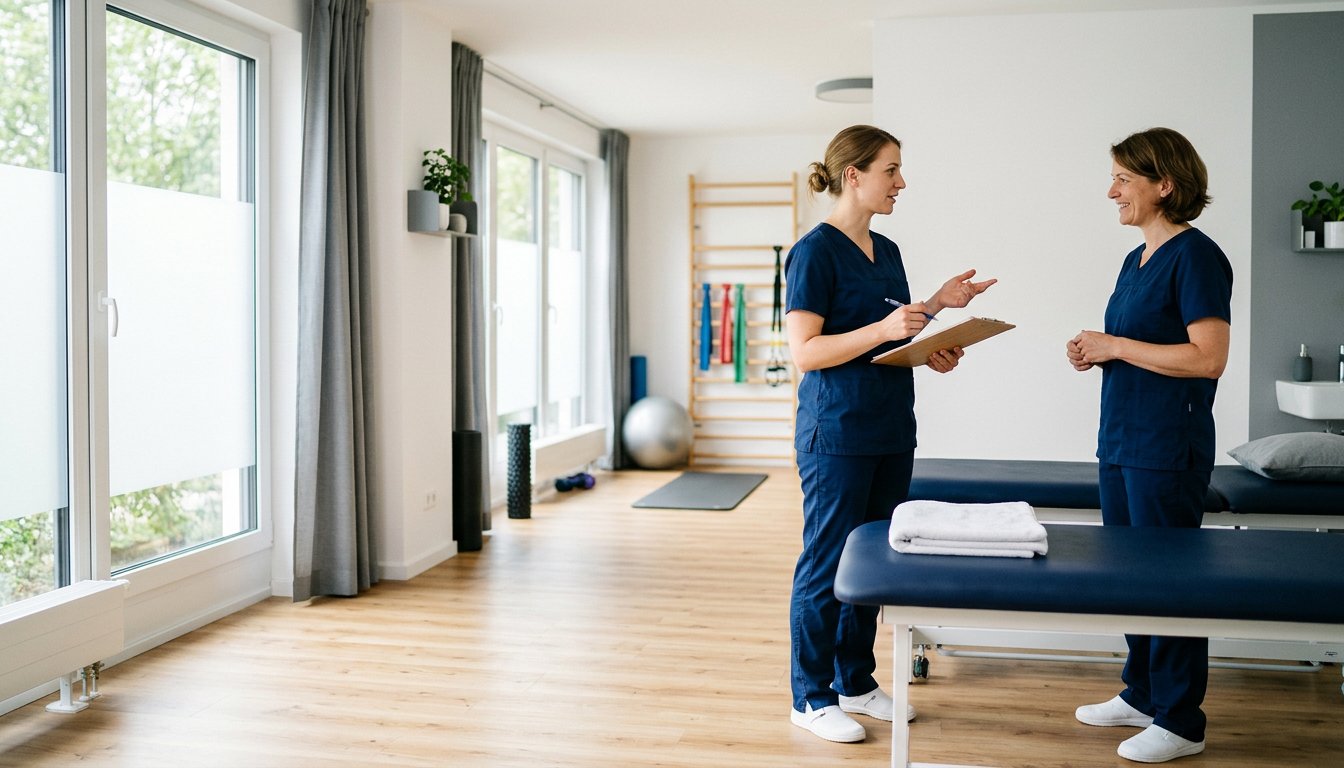 Zwei Physiotherapeuten im kollegialen Austausch in einem hellen Praxisraum
