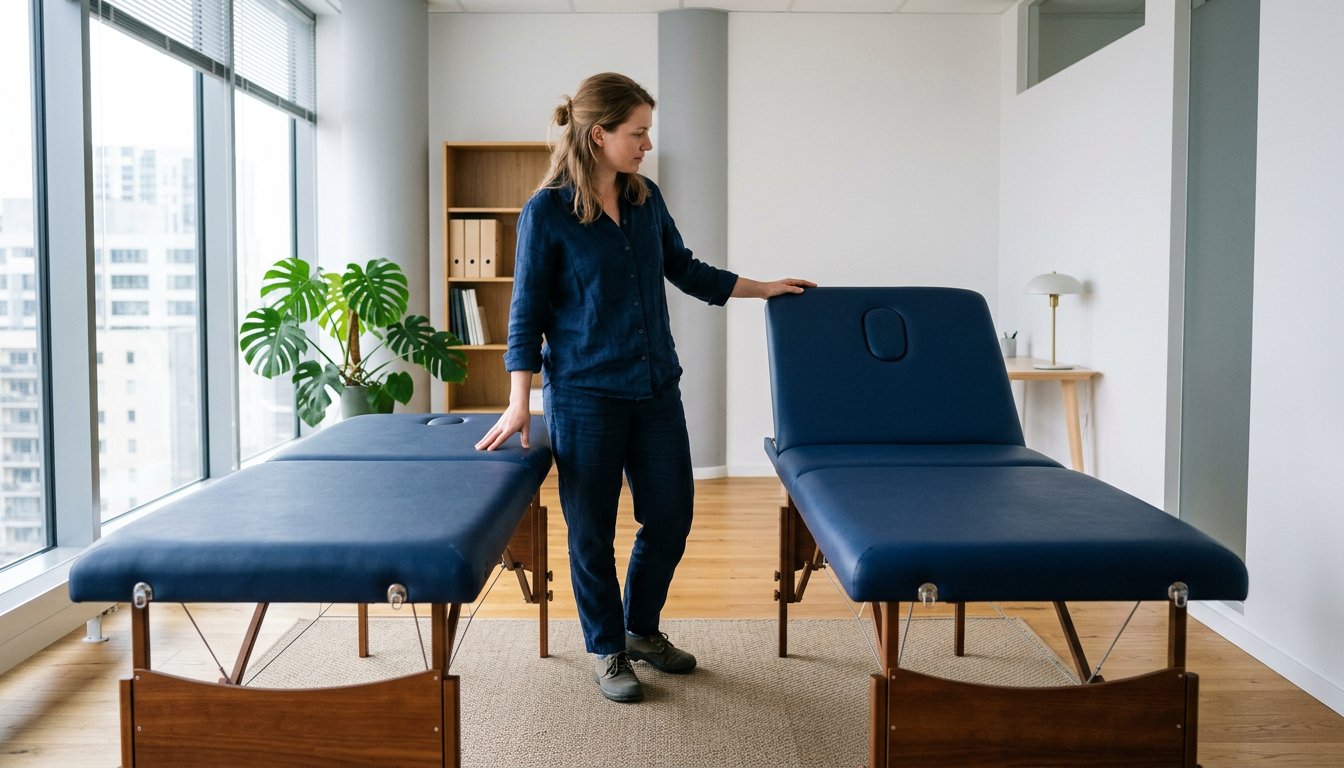 Zwei Therapieliegen mit durchgehender und geteilter Liegefläche nebeneinander
