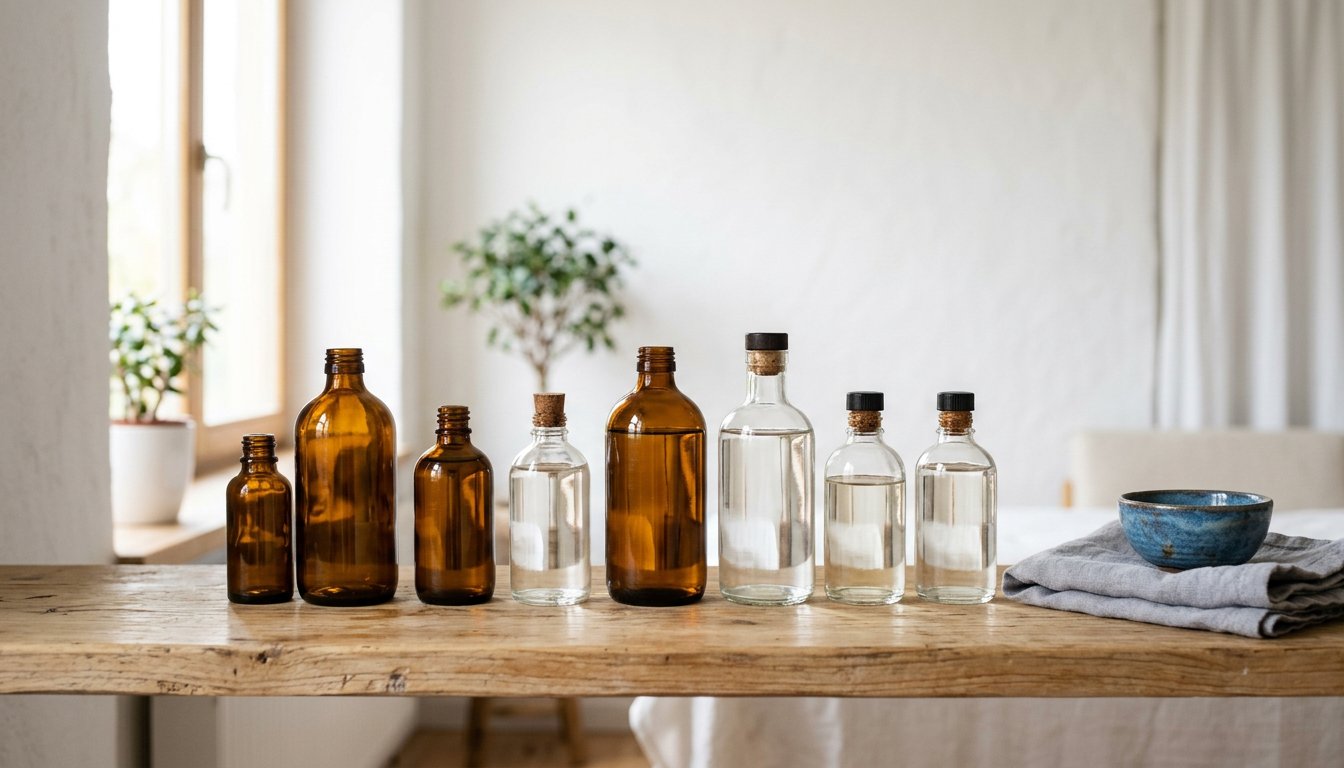 Reihe unbeschrifteter Glasfläschchen unterschiedlicher Größe auf einem Holzregal