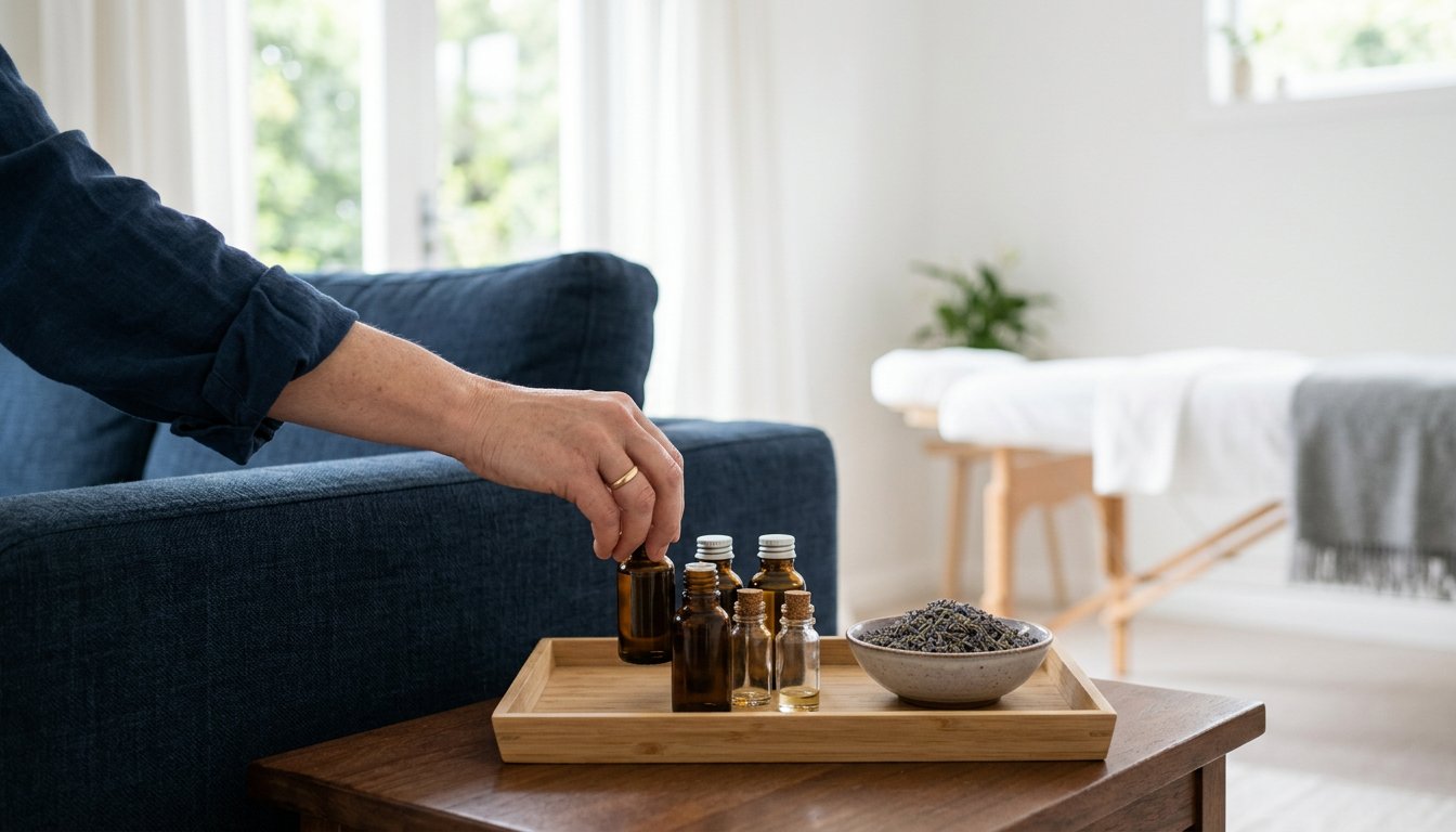 Schlichte Glasfläschchen mit ätherischen Ölen und Lavendel auf einem Holztablett