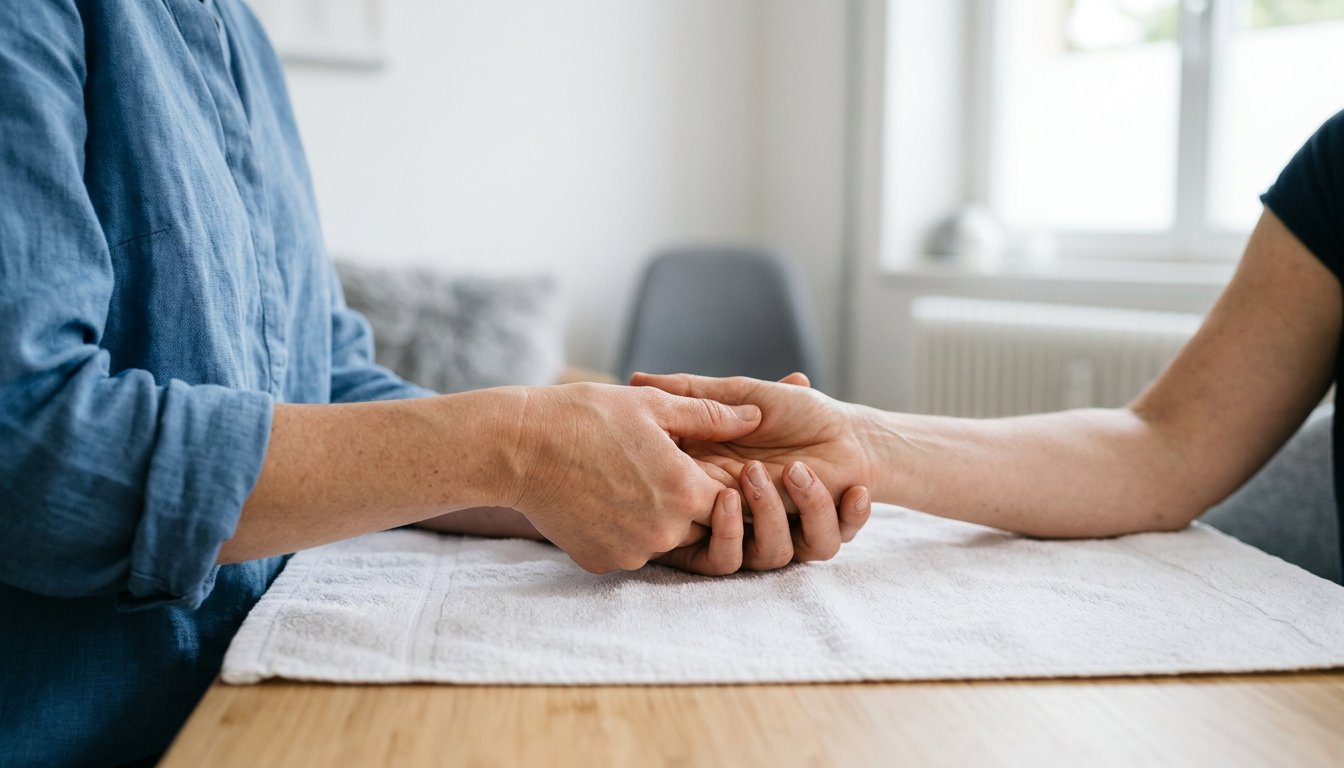 Therapeutin drückt mit dem Daumen einen Punkt an der Hand einer Klientin
