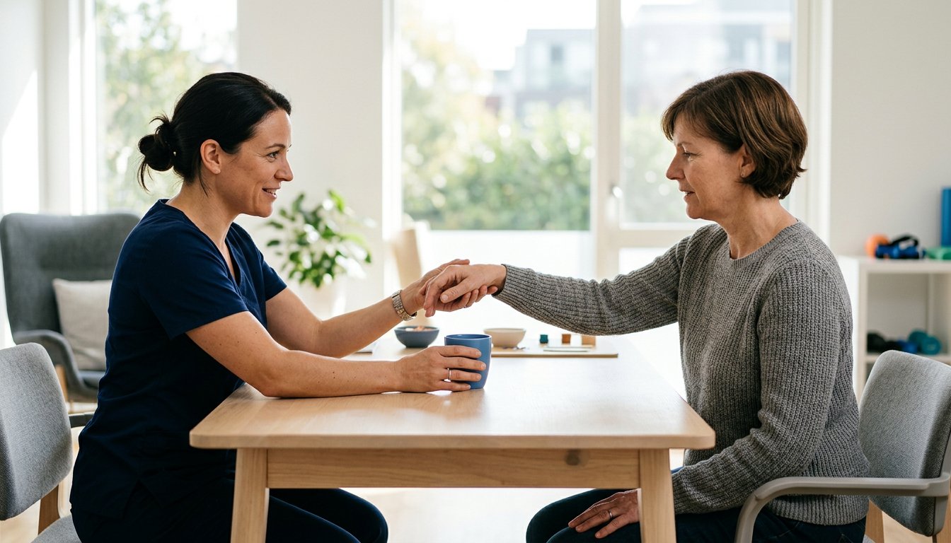 Therapeutin führt die Hand eines Patienten bei einer Alltagsübung zum Becher