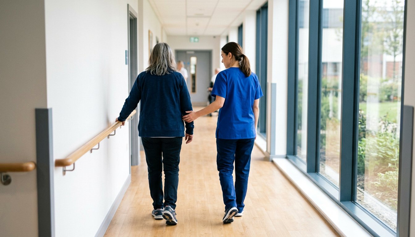 Patient geht mit Begleitung einer Therapeutin langsam durch einen hellen Flur