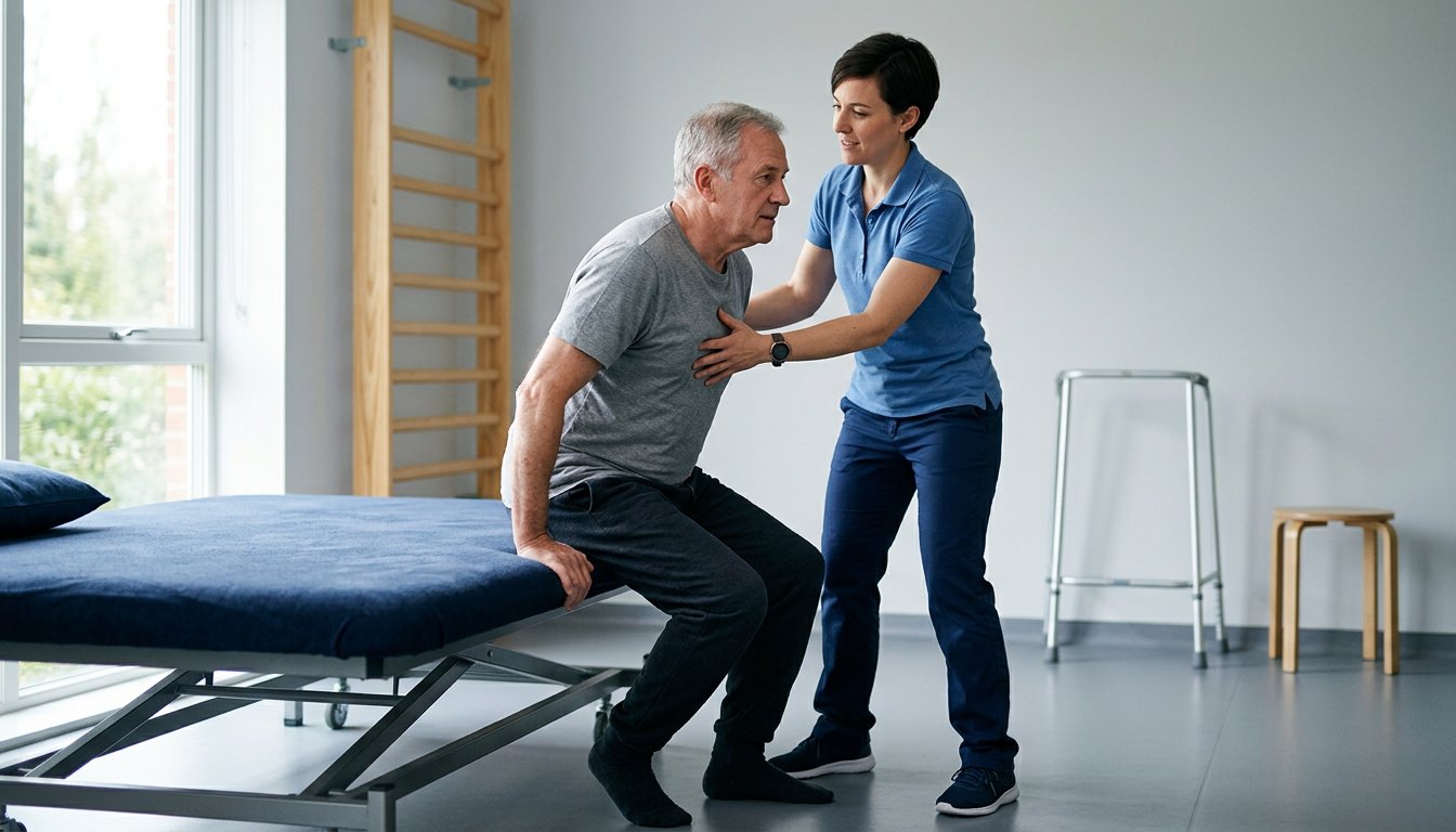 Therapeutin stützt einen Patienten beim Aufstehen von der Behandlungsliege
