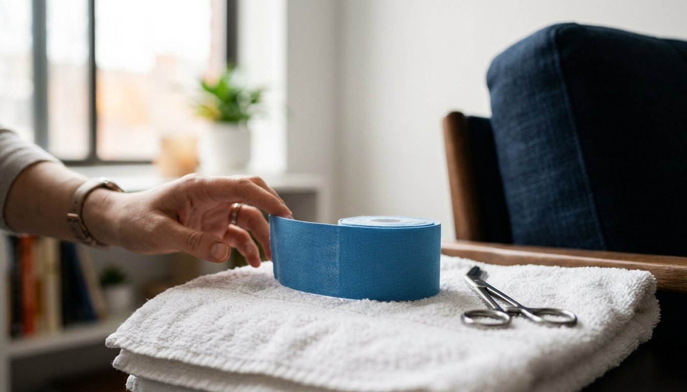 Aufgerollter blauer Tapestreifen und Schere liegen auf einem Handtuch bereit