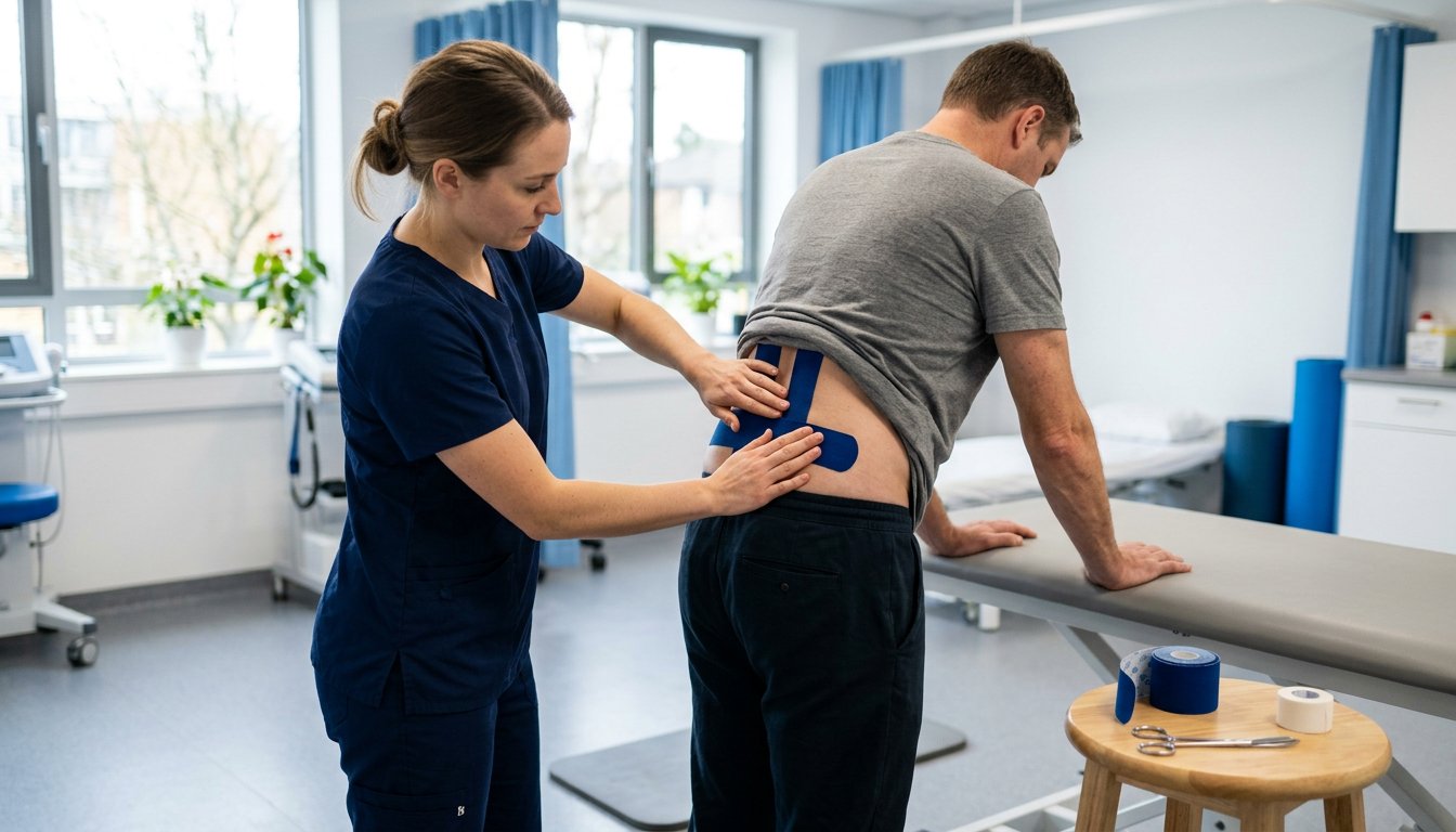 Therapeutin bringt elastische Tapestreifen am unteren Rücken einer stehenden Person an