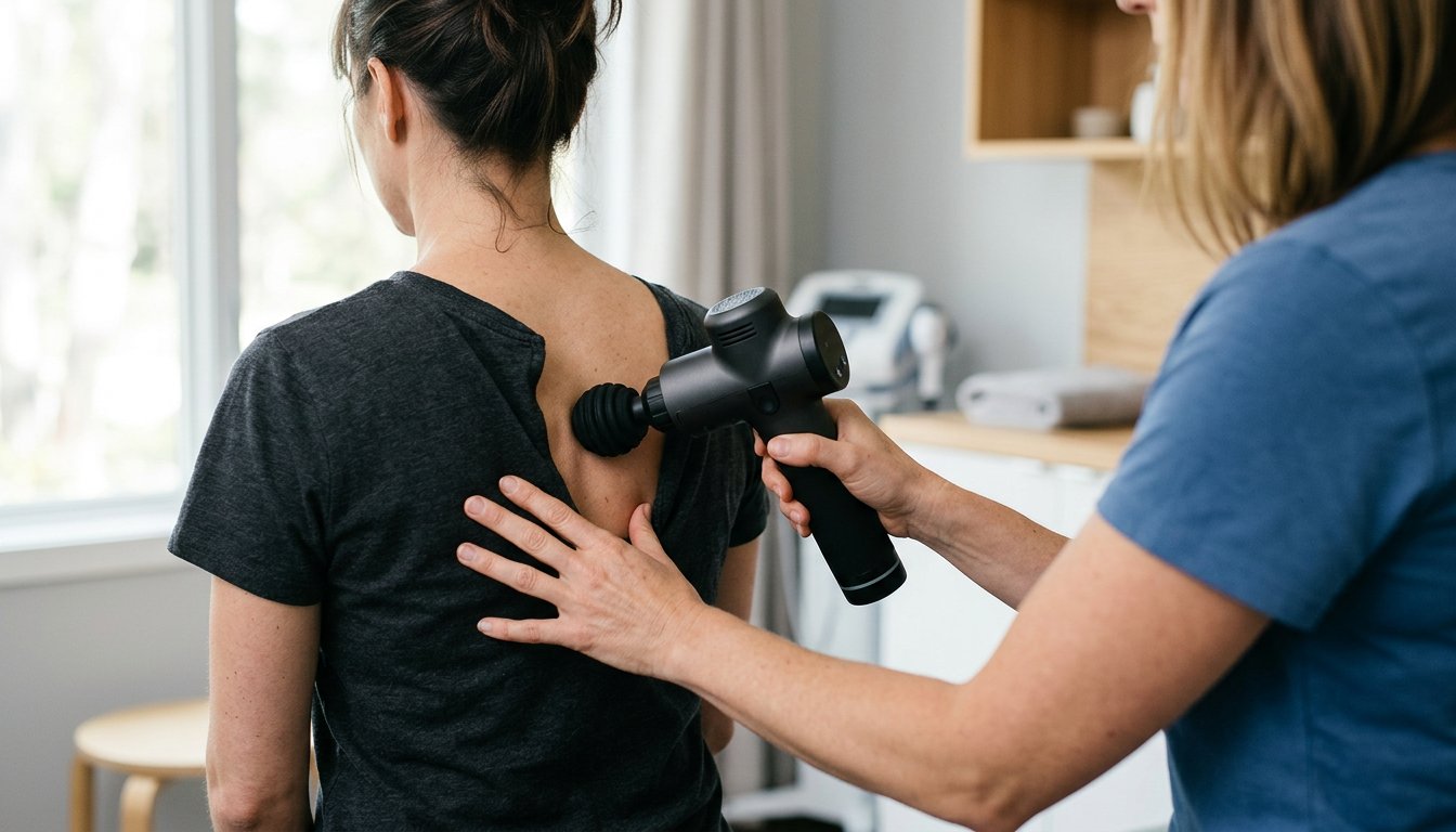 Handgeführtes Massagegerät wird neben der Wirbelsäule einer sitzenden Person eingesetzt