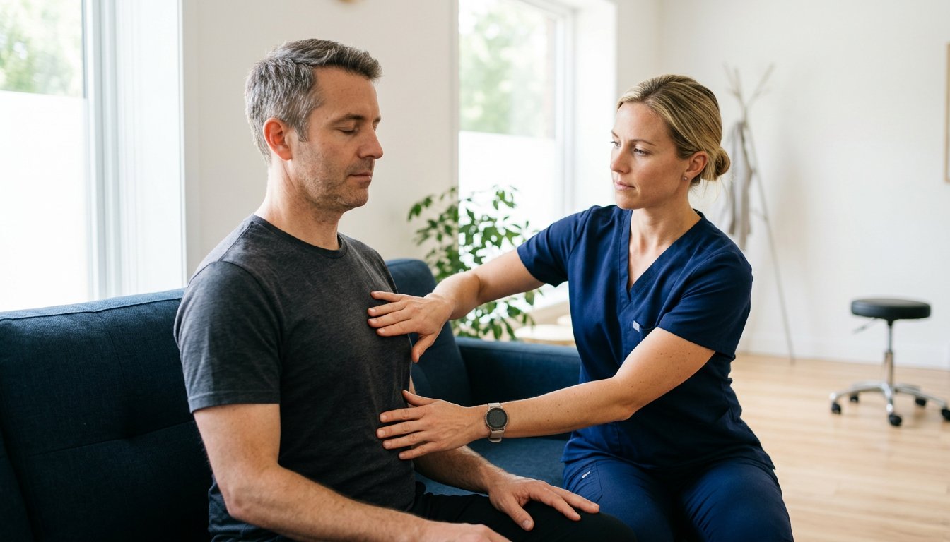 Therapeutin begleitet mit den Händen an Brustkorb und Bauch den Atemrhythmus