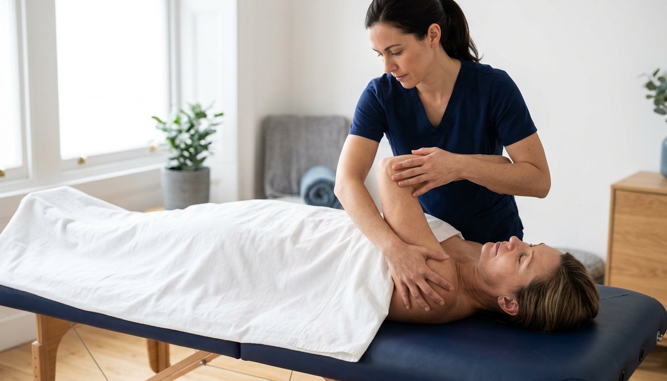 Therapeut mobilisiert vorsichtig das Schultergelenk einer liegenden Patientin