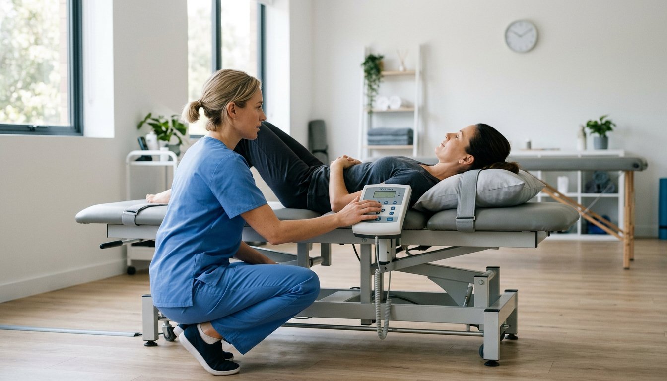 Therapeut spricht während der Behandlung mit der Patientin und bedient die Steuerung
