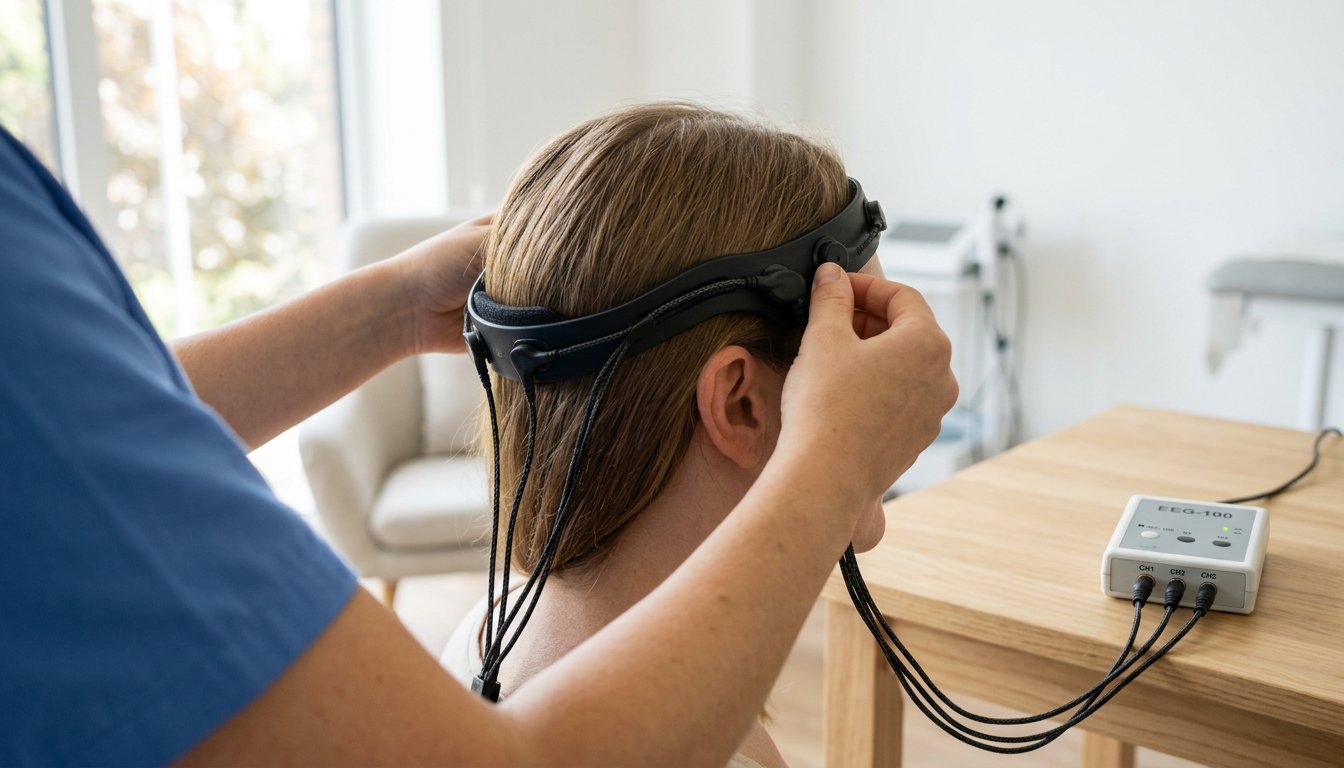 Hände richten ein leichtes Sensorband am Kopf einer sitzenden Person aus