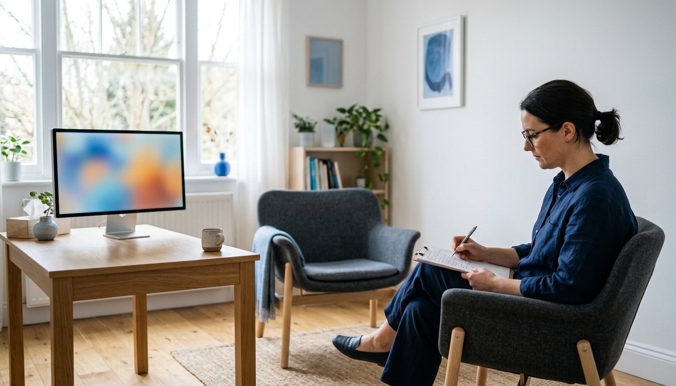 Ruhiger Therapieraum mit Sesseln, Bildschirm und notierender Fachkraft