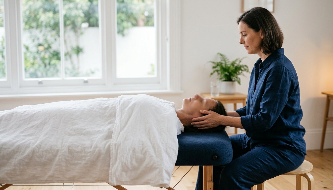 Therapeutin hält am Kopfende der Liege die Hände ruhig unter dem Kopf der Patientin