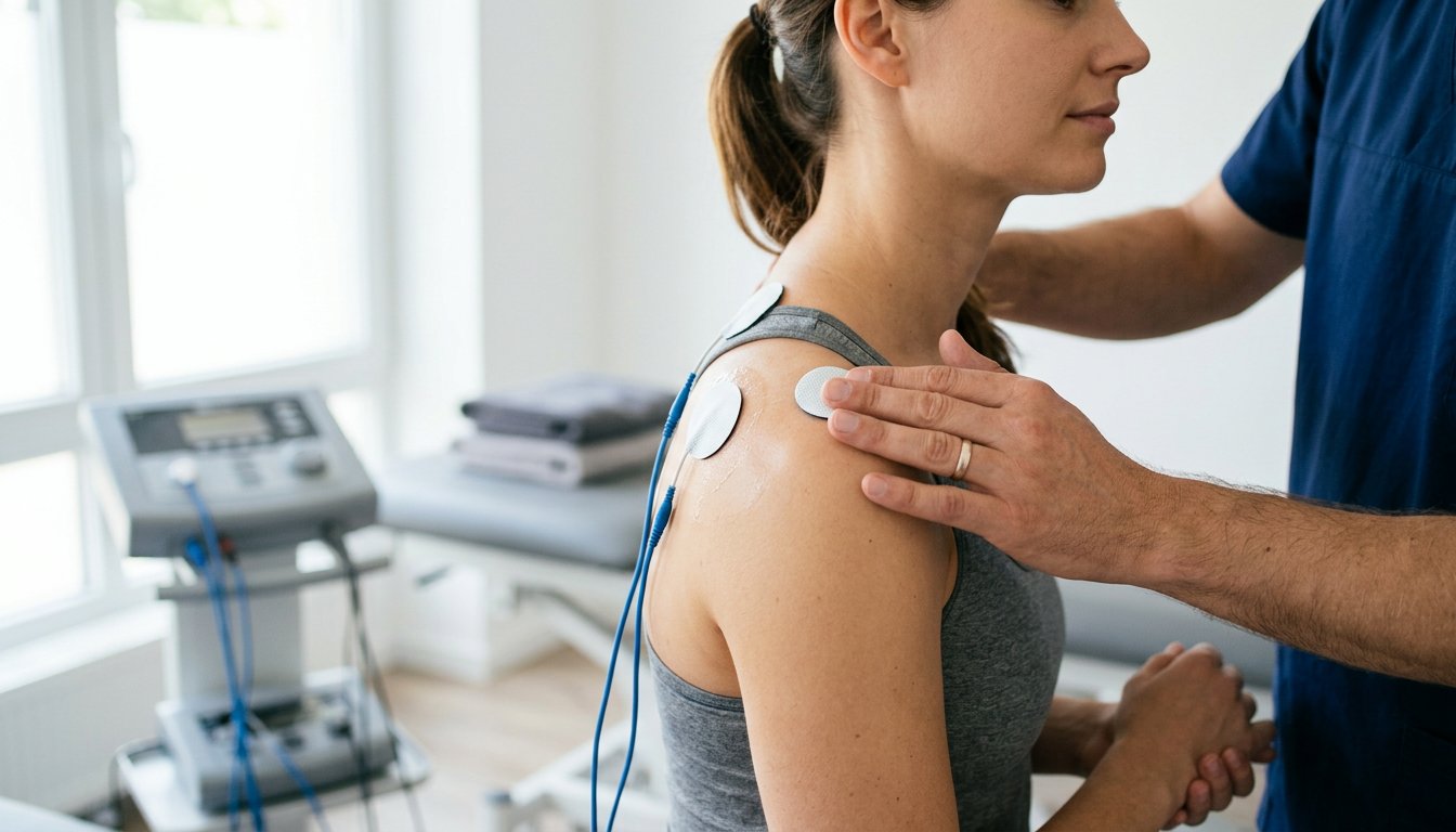 Zwei Elektroden mit blauen Kabeln haften an der Schulter einer Patientin