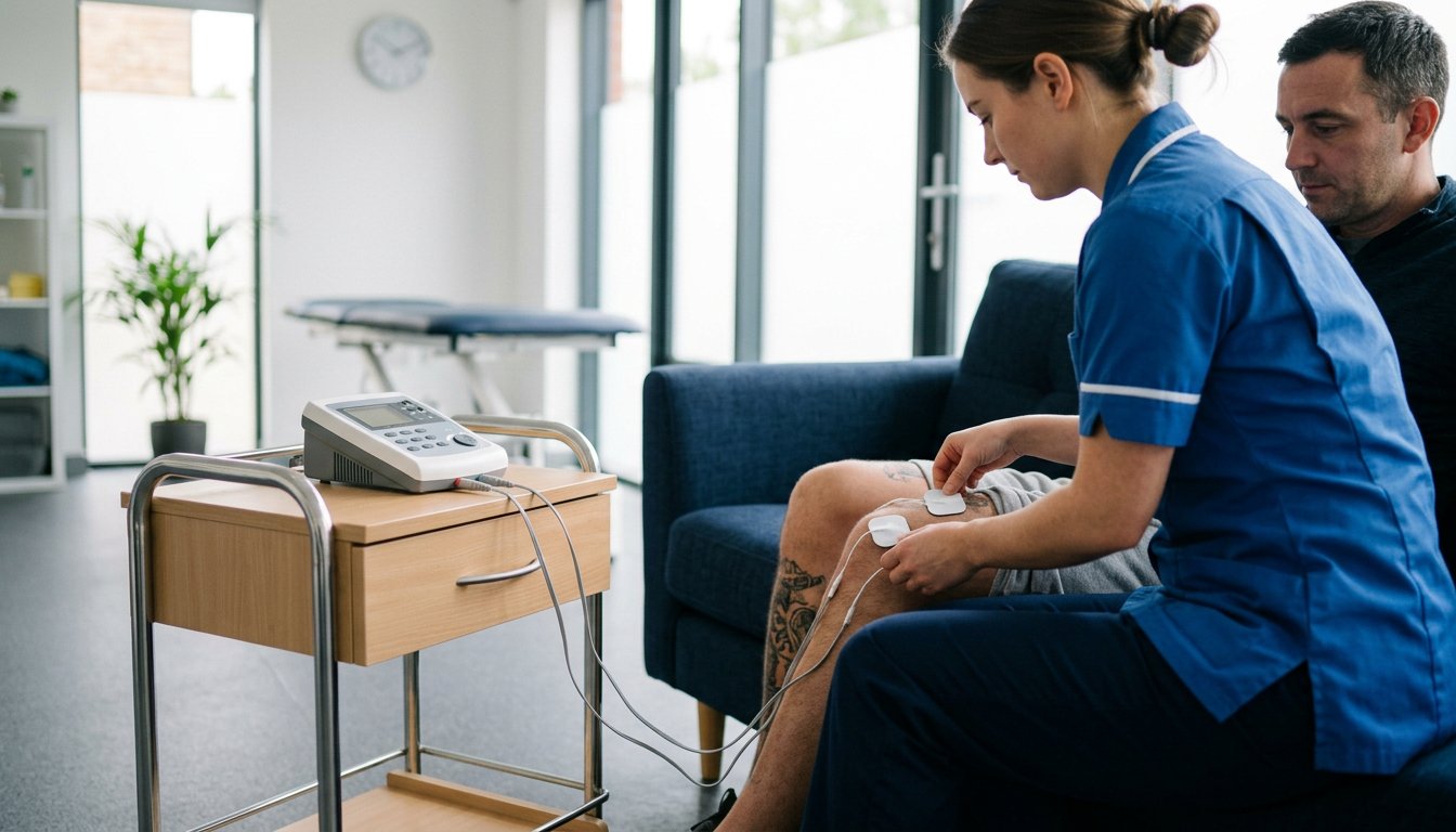 Therapeutin bringt Elektroden am Oberschenkel einer sitzenden Patientin an