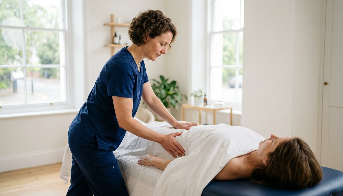 Behandler legt beide Hände ruhig auf das Becken einer liegenden Patientin