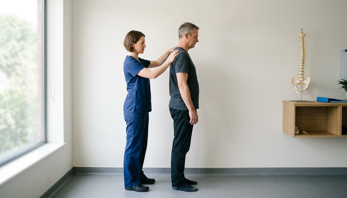 Therapeutin prüft im Stand die Haltung einer Patientin an Schultern und Rücken