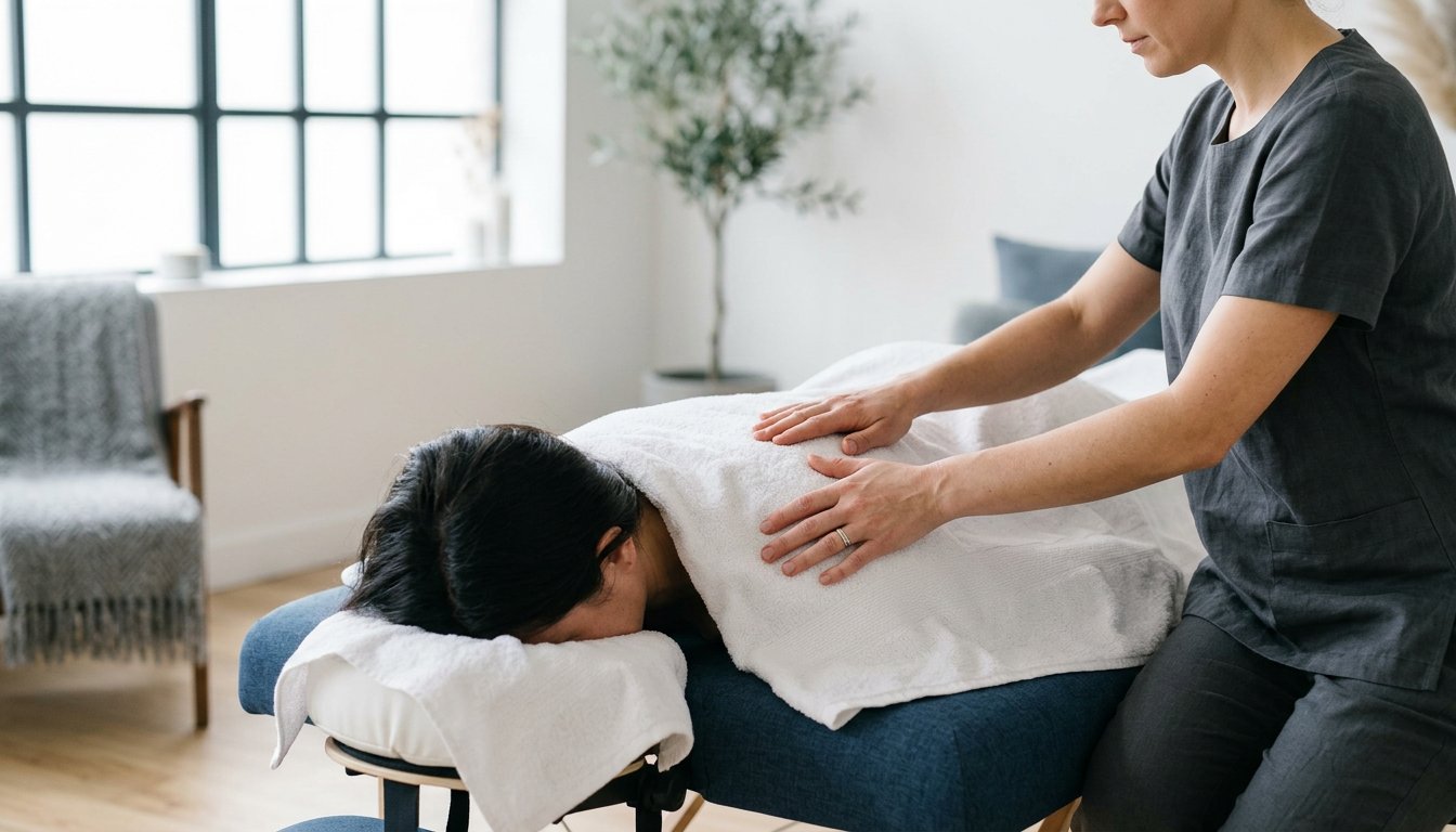 Hände ruhen ruhig auf den Schultern einer liegenden Person während der Massage