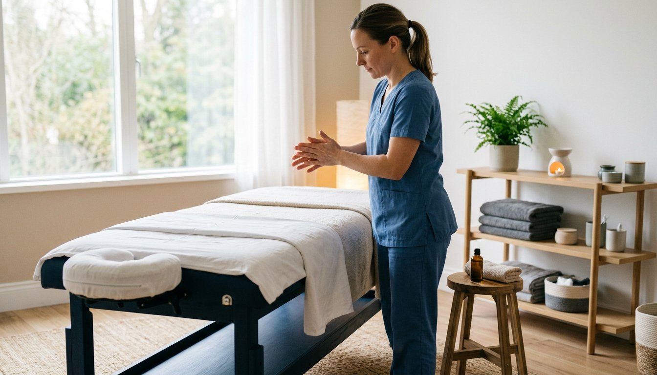Ruhiger Massageraum mit vorbereiteter Liege und Therapeutin beim Anwärmen des Öls