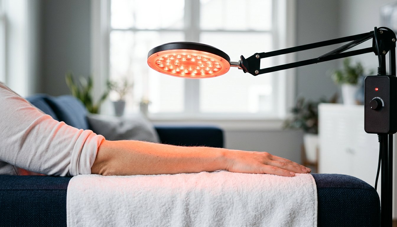 Rotlichtlampe leuchtet über einem auf einem Handtuch liegenden Unterarm