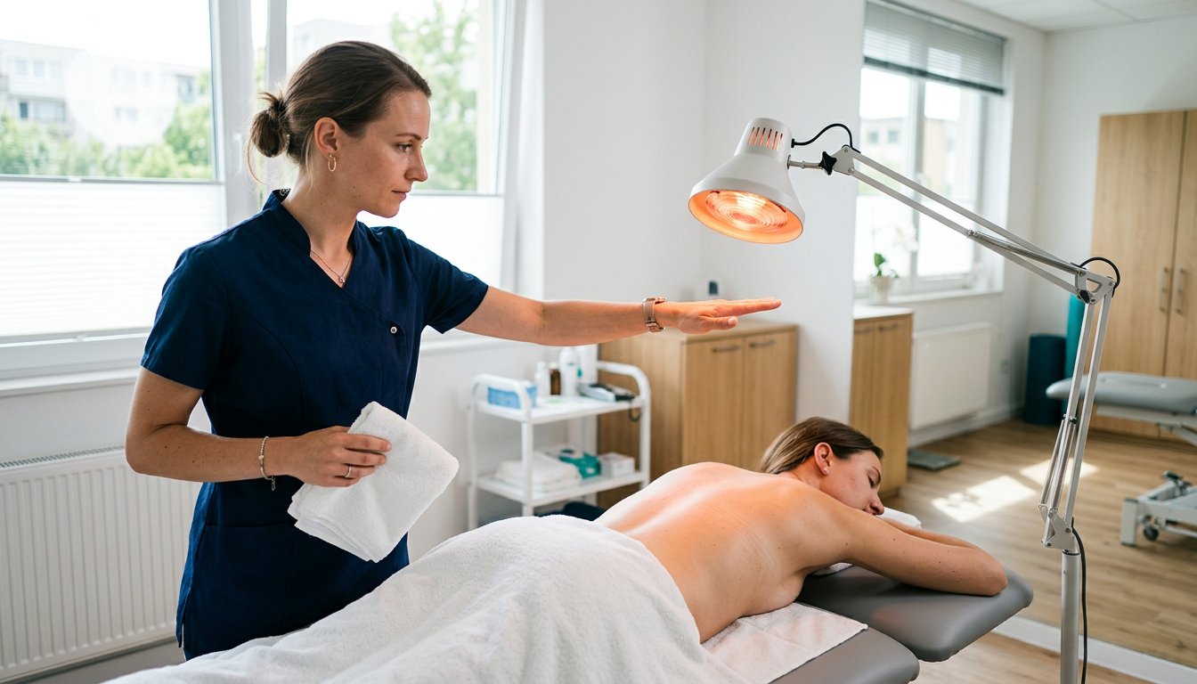 Therapeutin prüft den Abstand zwischen Wärmestrahler und Rücken der Patientin