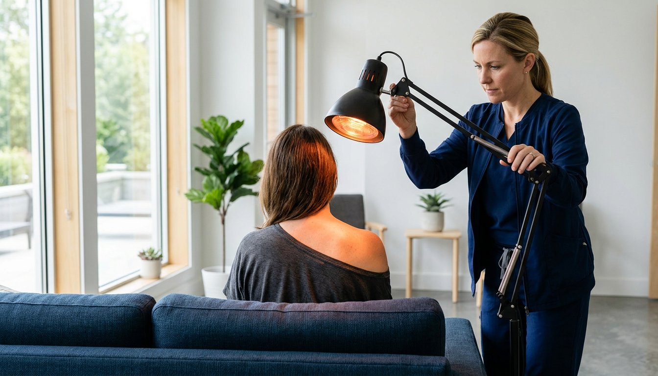 Infrarotstrahler über dem Schulterbereich einer sitzenden Person in der Praxis