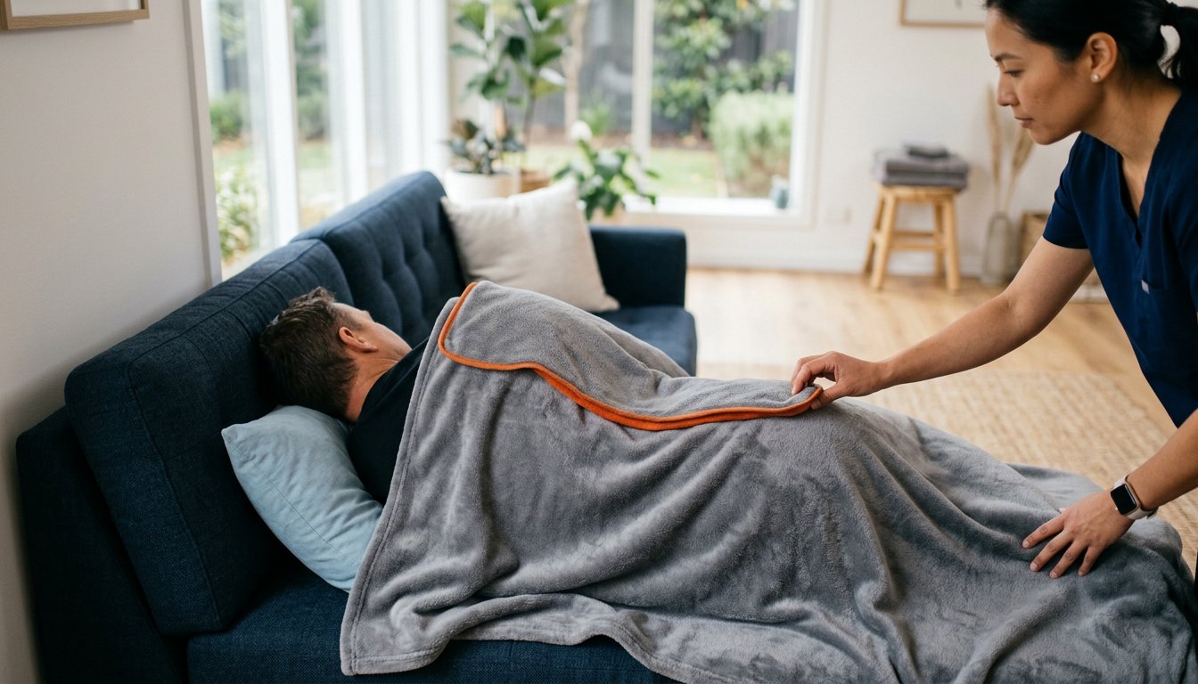 Person ruht während einer Wärmeanwendung unter einer Decke auf der Therapieliege