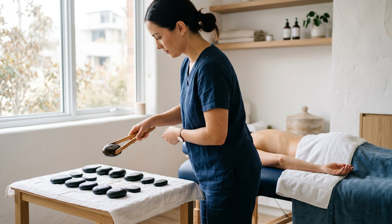 Glatte warme Basaltsteine auf einem Tuch neben einer Massageliege im hellen Raum