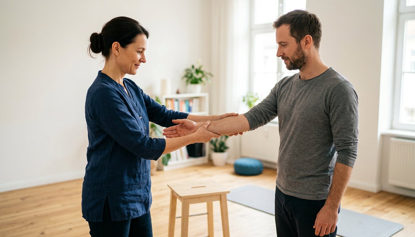 Therapeutin führt am ausgestreckten Arm einer Klientin einen sanften Muskeltest durch