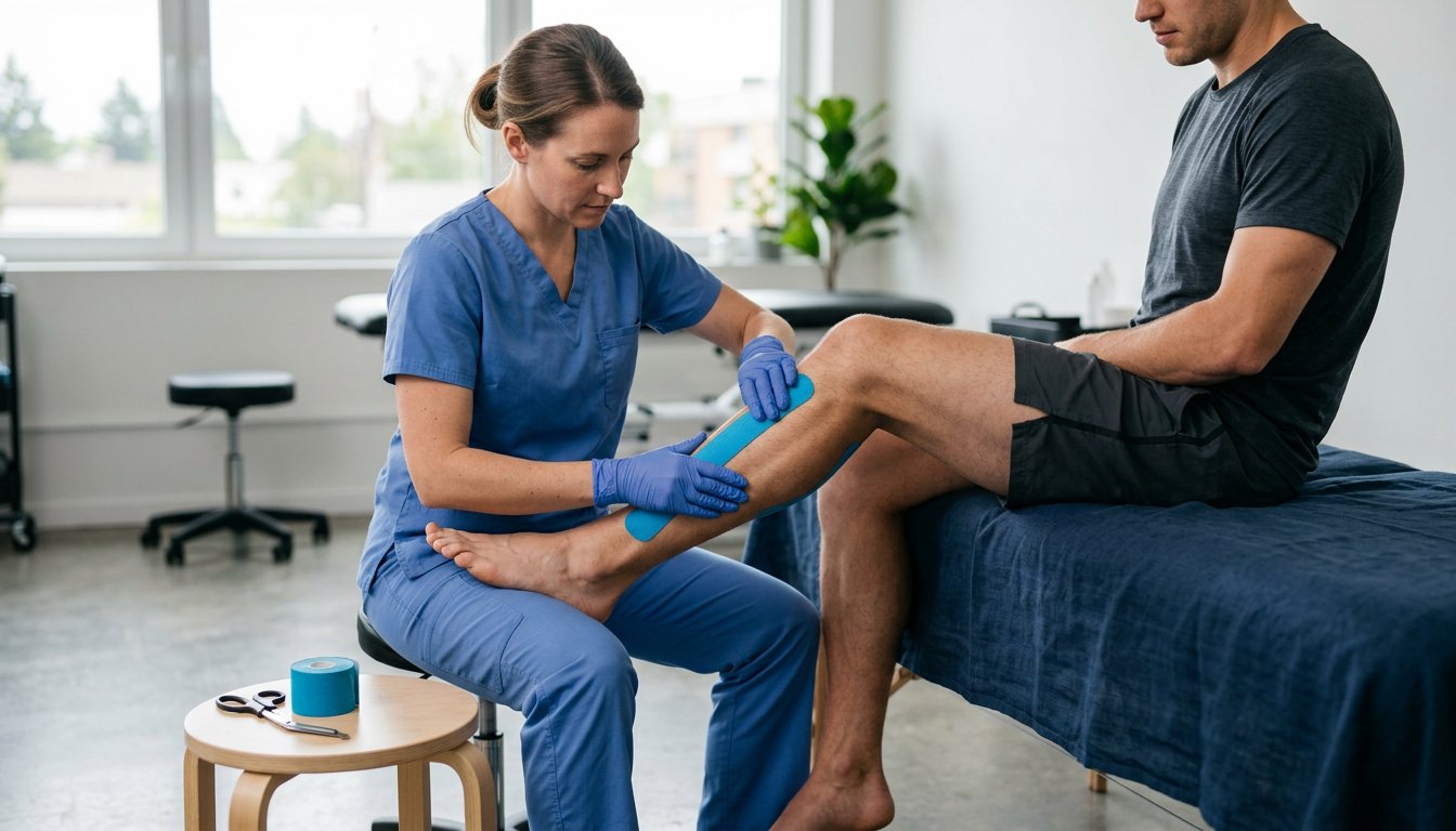 Therapeut klebt ein blaues elastisches Tape entlang der Wade eines Sportlers