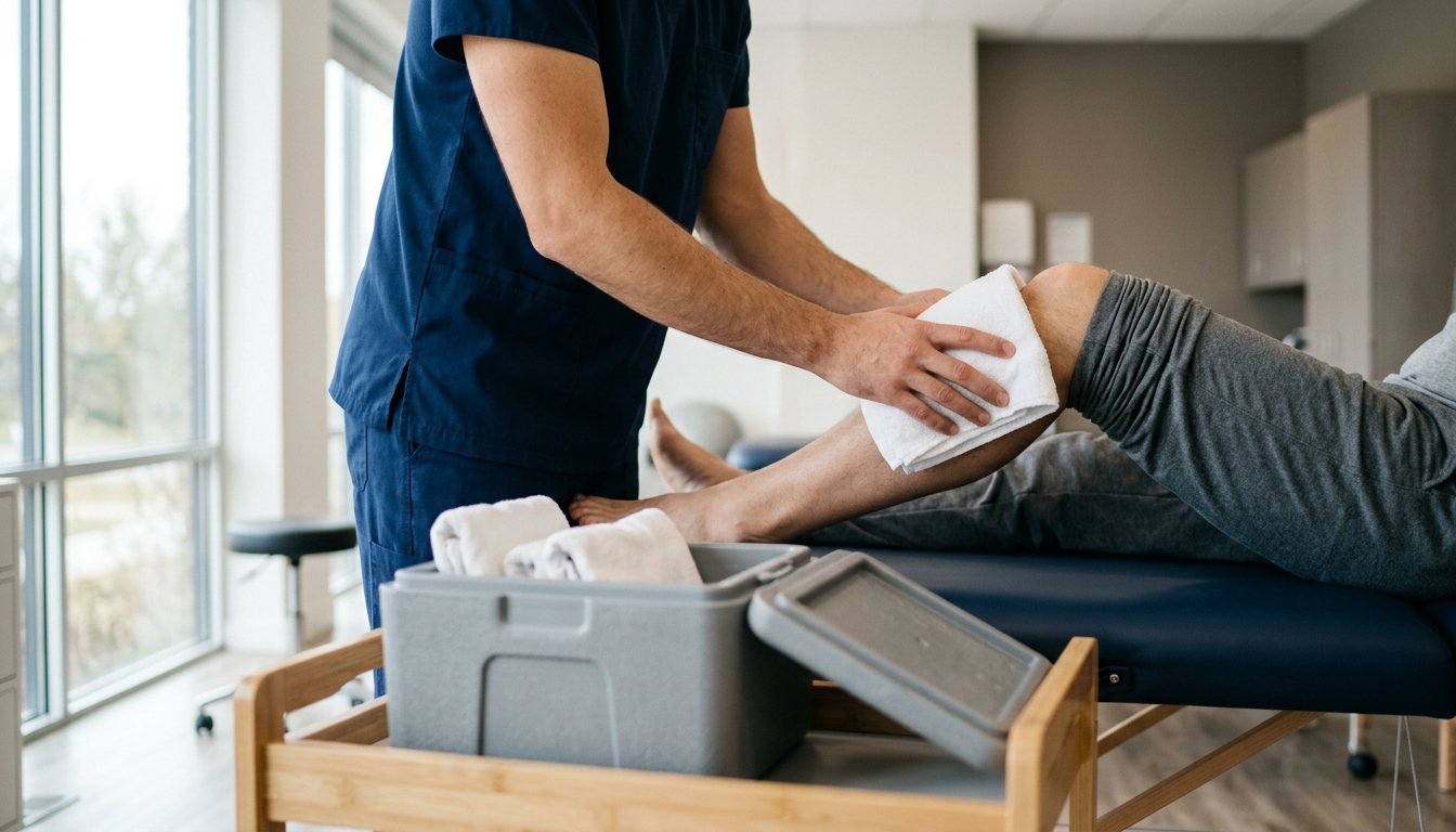 Therapeutin legt eine in Tuch gewickelte Kältepackung an das Knie einer Patientin