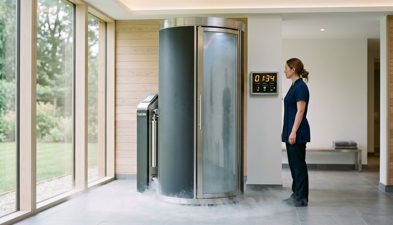 Kryosauna mit aufsteigendem Kältenebel und einer Fachkraft an der Bedieneinheit
