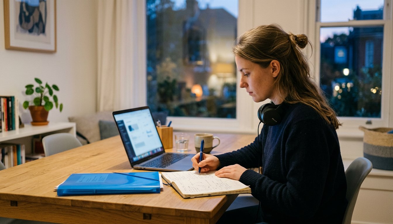 Berufstätiger lernt abends zu Hause am Laptop mit Notizen und Unterlagen