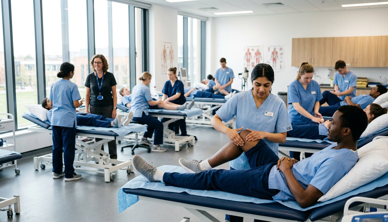 Studierende üben in einem hellen Skills Lab einer Hochschule an Behandlungsliegen