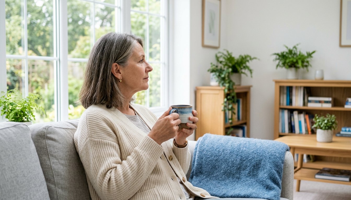 Frau sitzt mit einer Tasse Tee ruhig am Fenster eines hellen Wohnraums