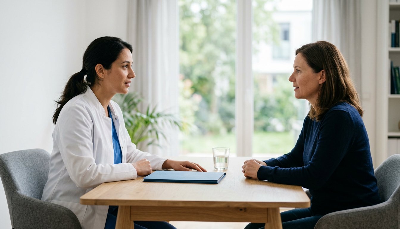 Ruhiges Beratungsgespräch zwischen Arzt und Patient an einem hellen Praxistisch