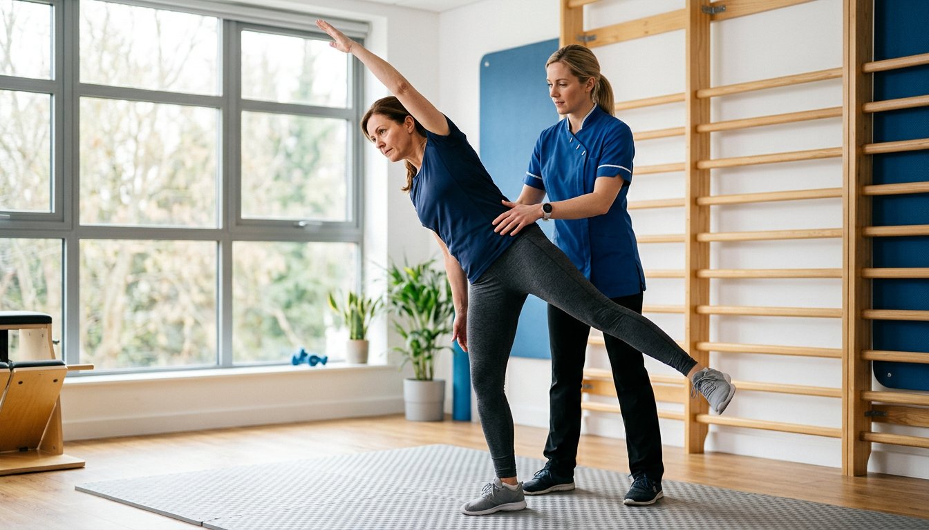 Patient führt im Stand eine diagonale Arm- und Beinbewegung mit therapeutischer Unterstützung aus
