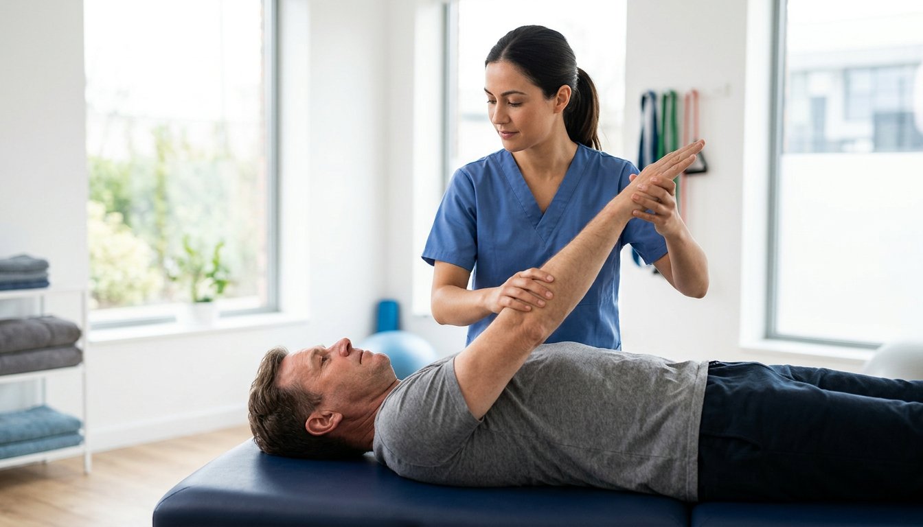 Therapeutin führt den Arm einer liegenden Patientin in einem diagonalen Bewegungsmuster