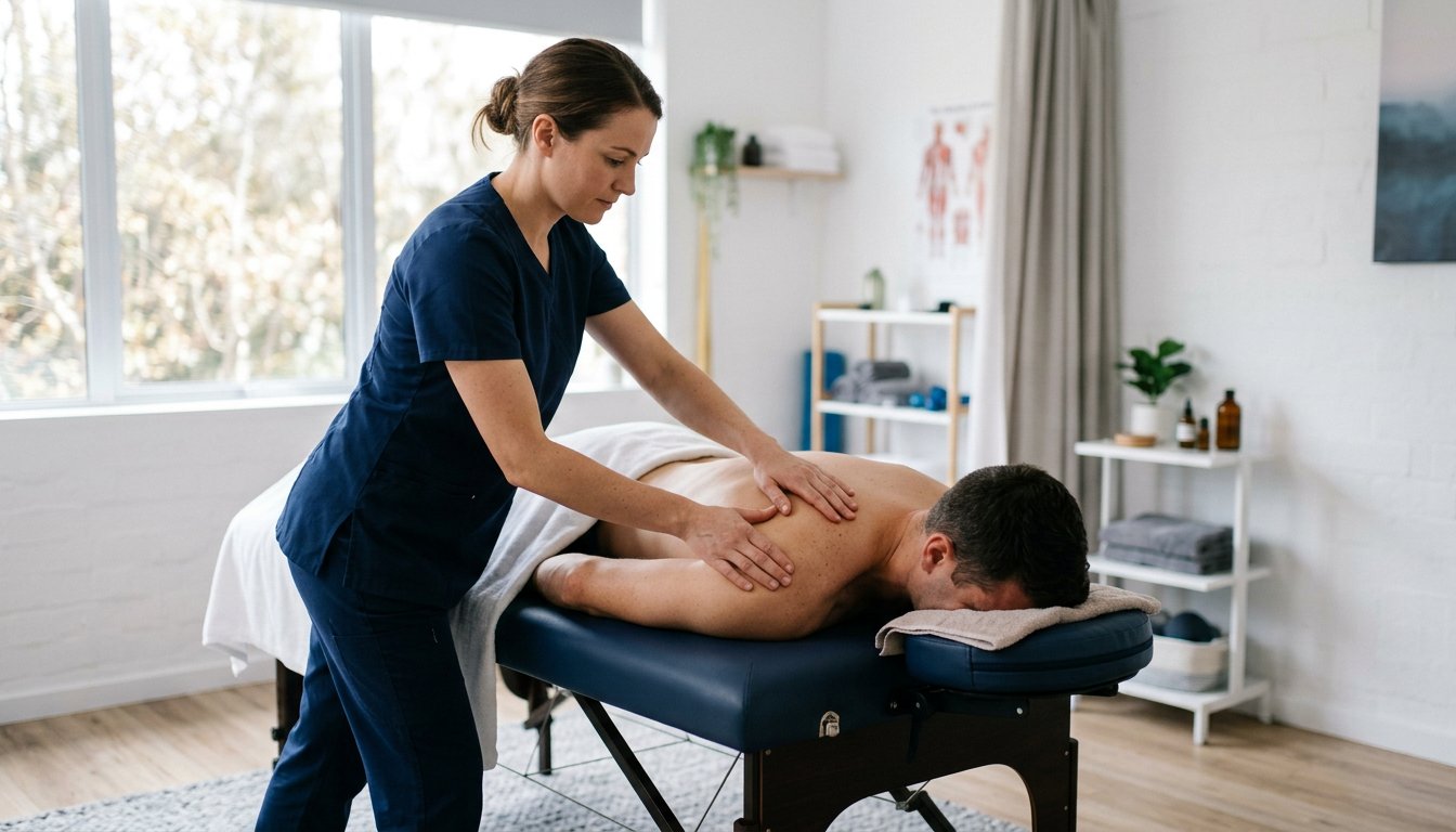 Therapeut führt kreisende Massagegriffe an Schulter und oberem Rücken aus