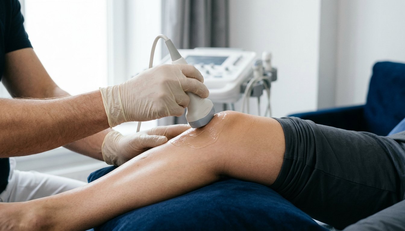 Nahansicht einer Ultraschallanwendung mit Gel am Knie einer liegenden Person