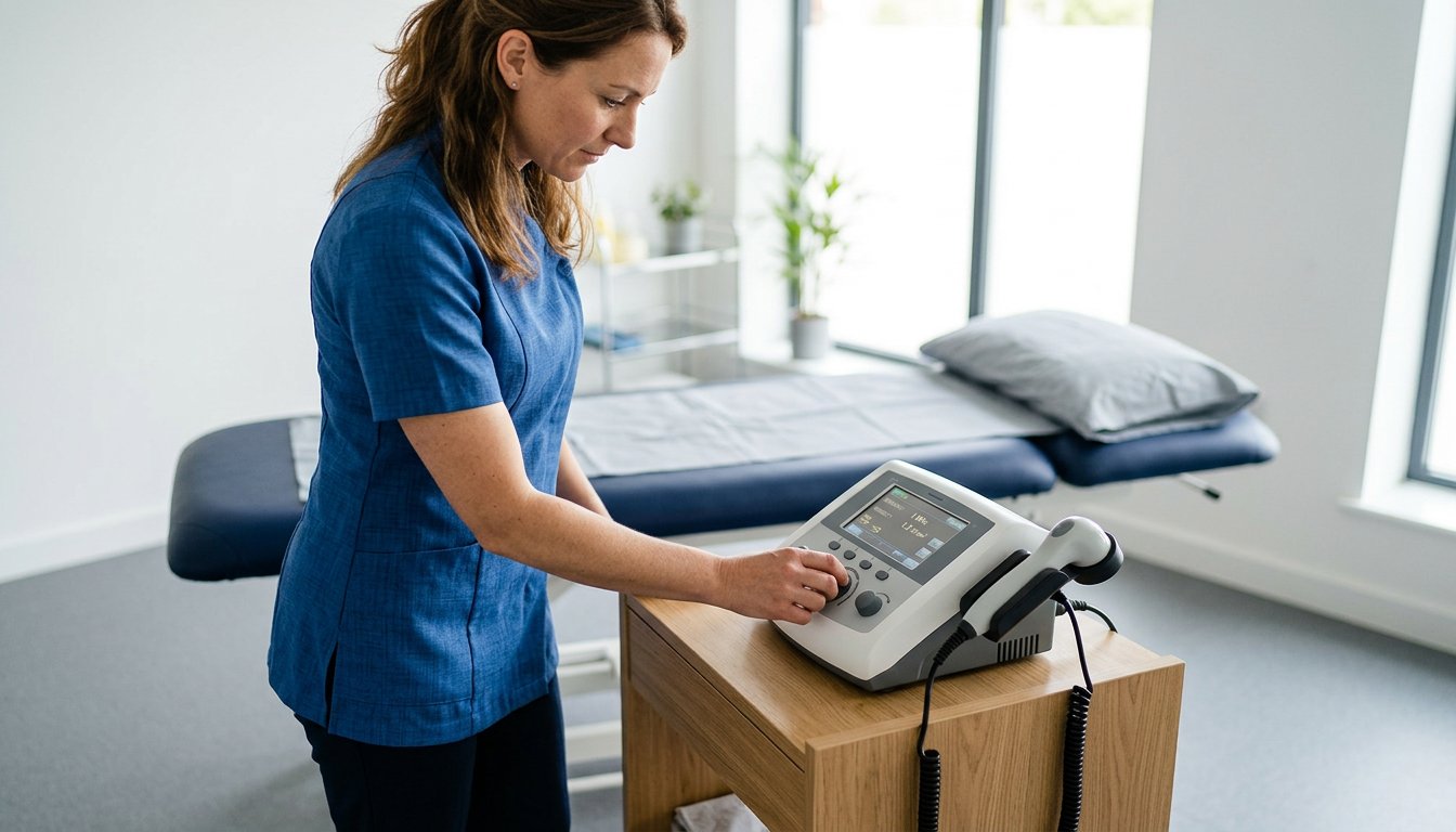 Hände stellen Intensität und Dauer an einem Ultraschalltherapiegerät ein