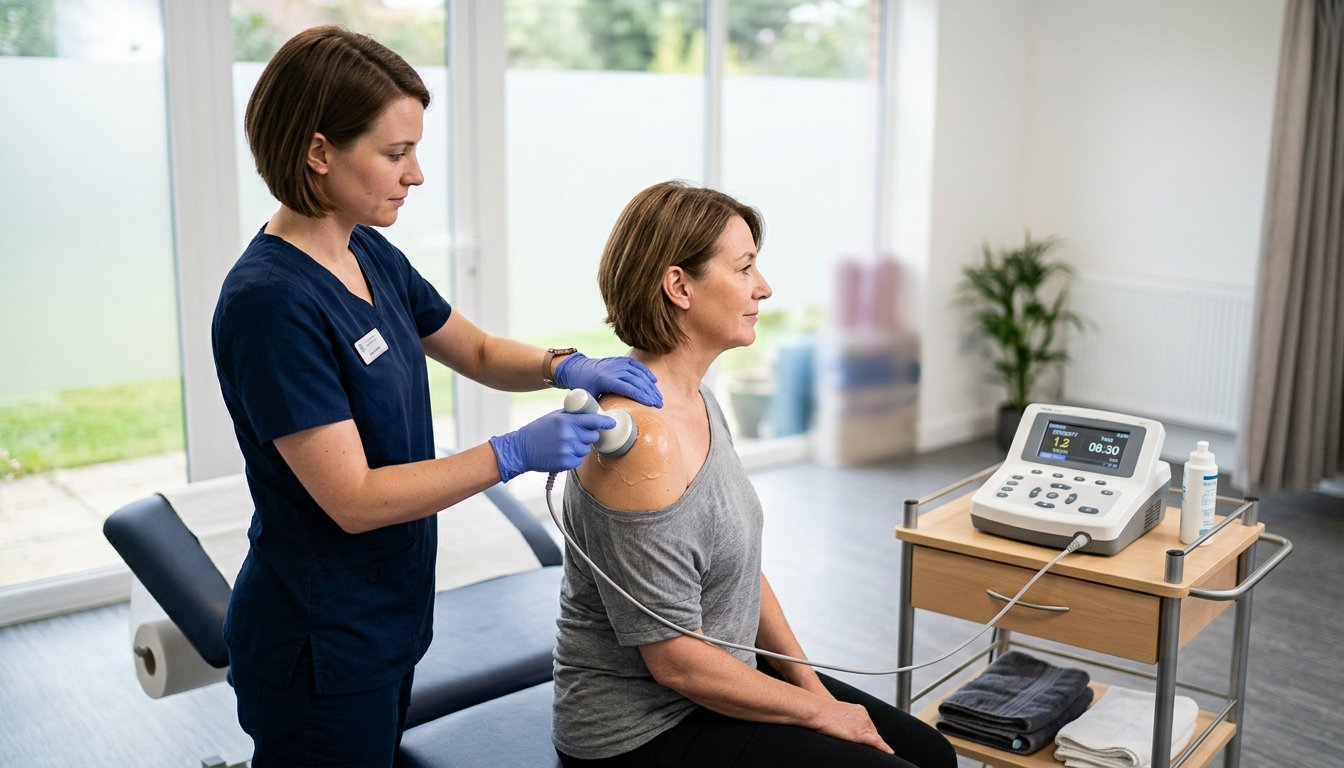 Therapeutin führt den Schallkopf eines Ultraschallgeräts über die Schulter einer Patientin