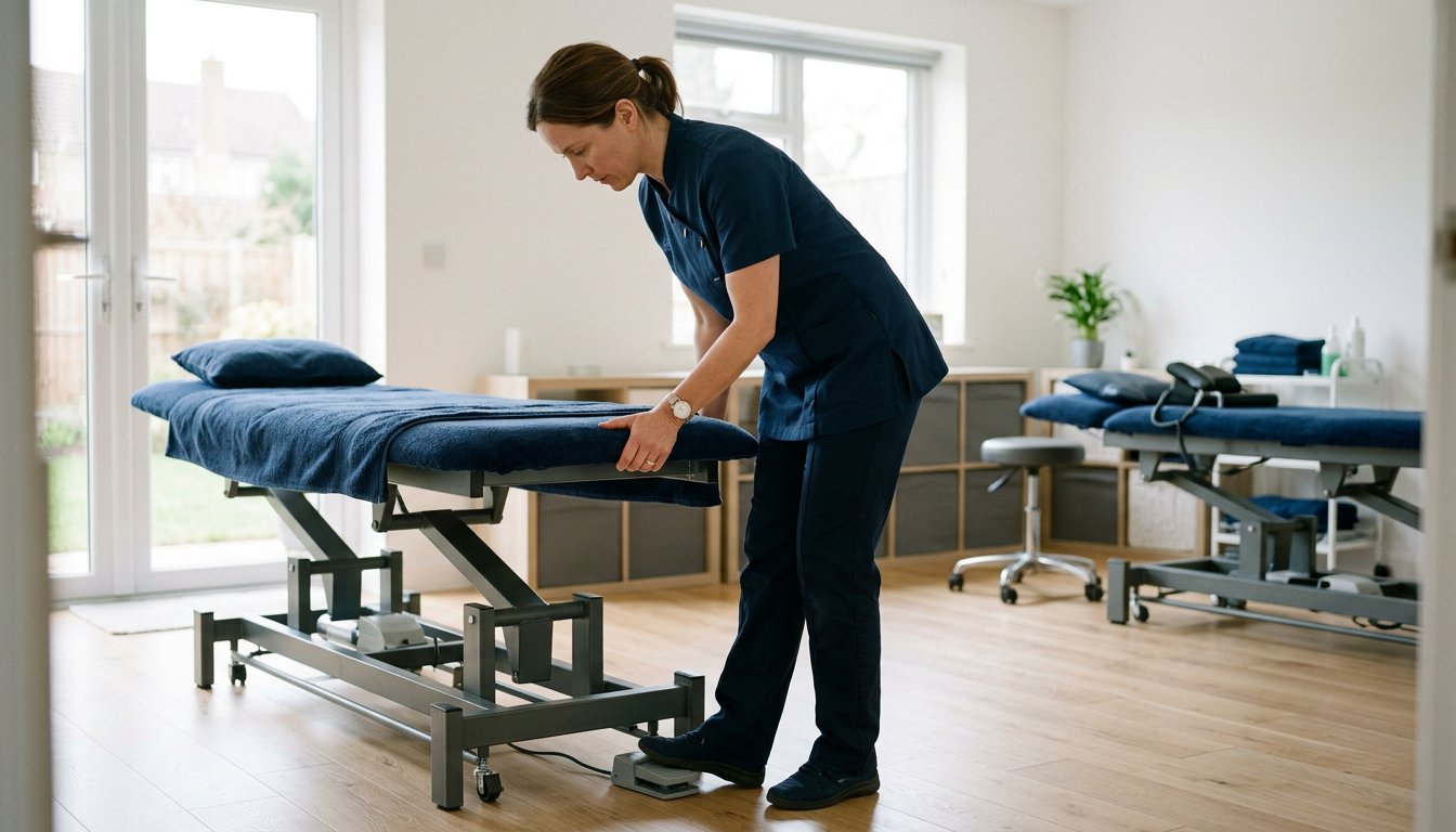 Praxisinhaberin prüft die Höhenverstellung und Standfestigkeit einer dunkelblauen Therapieliege
