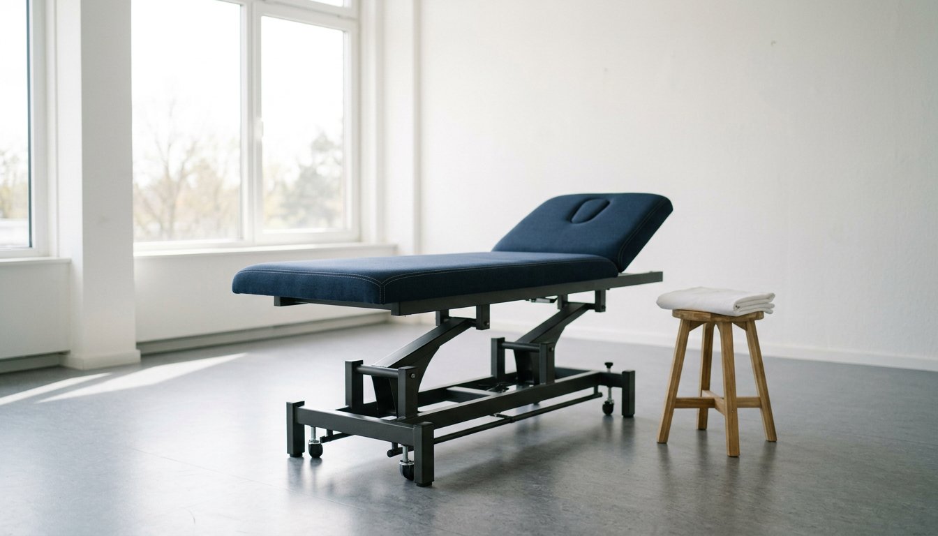 Höhenverstellbare dunkelblaue Therapieliege in einem hellen, aufgeräumten Behandlungsraum