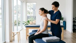 Physiotherapeutin behandelt Nacken und Schultern einer jungen Frau auf der Therapieliege