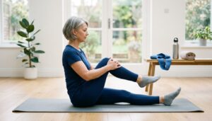 Frau in Sportkleidung führt auf einer Matte eine ruhige Mobilisationsübung für Knie und Hüfte aus