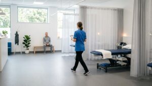 Offener Praxisbereich mit mehreren Behandlungsplätzen und einer Therapeutin im Gang