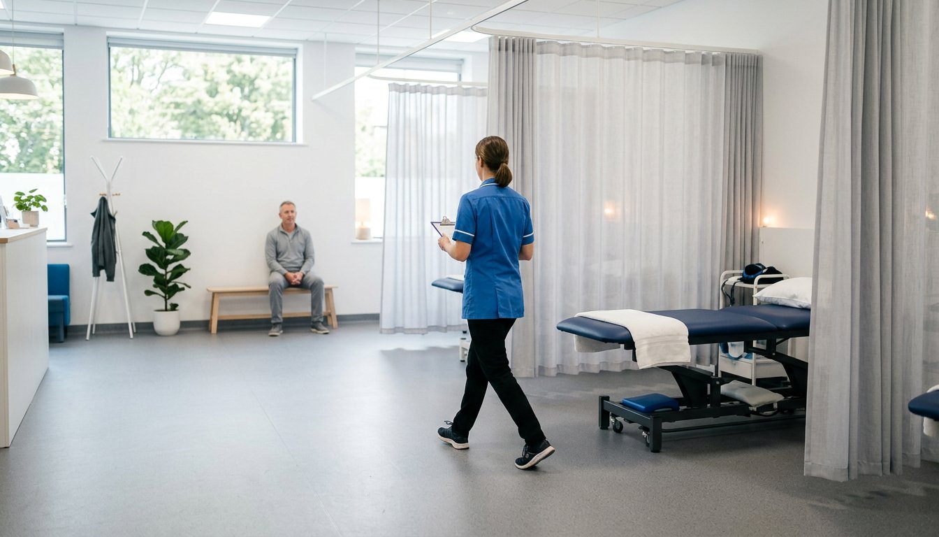 Offener Praxisbereich mit mehreren Behandlungsplätzen und einer Therapeutin im Gang